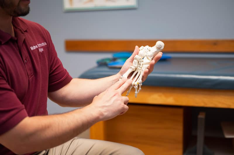 foot orthotics Kyle holding and pointing at a model of foot bones